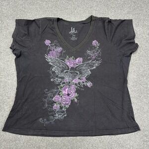 LA Ink Women's Graphic V Neck Tee Roses Wings Y2K USA Black Large